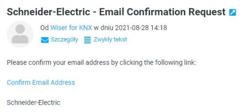 Wiser for KNX E-mail Confirmation from Cloud