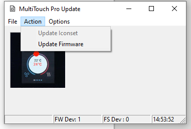 Okno aplikacji MultiTouch Pro Update v2 po wykryciu regulatora w trybie aktualizacji