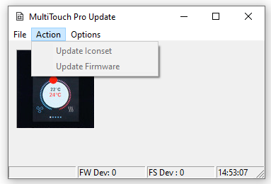 Okno aplikacji MiltiTouch Pro Update v2 bez wykrytego regulatora w trybie aktualizacji