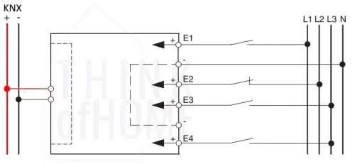 Przykładowy schemat podłączenia wejścia binarnego KNX Merten 644990